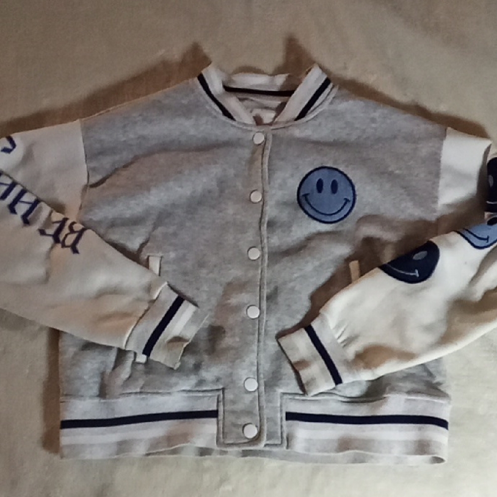 BE HAPPY GIRLS COMMON STITCH SIZE LG 14 Gray and Blue Smiley Face Jacket